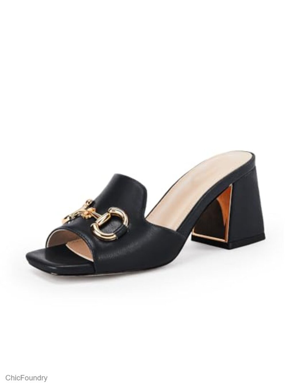 Women's Peep Toe Slides Chunky Heel Mules Single Band Slip-On Shoes with Metal